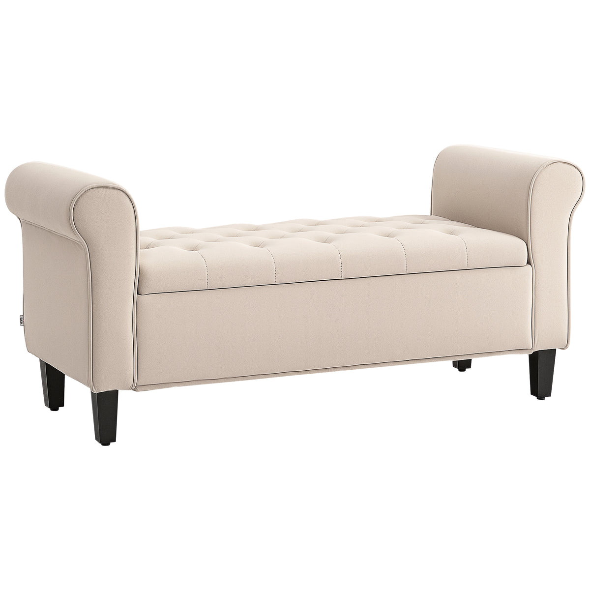 Banc de rangement bout de lit avec accoudoirs, tissu effet velours rembourré, 126 x 48,5 x 57 cm, beige