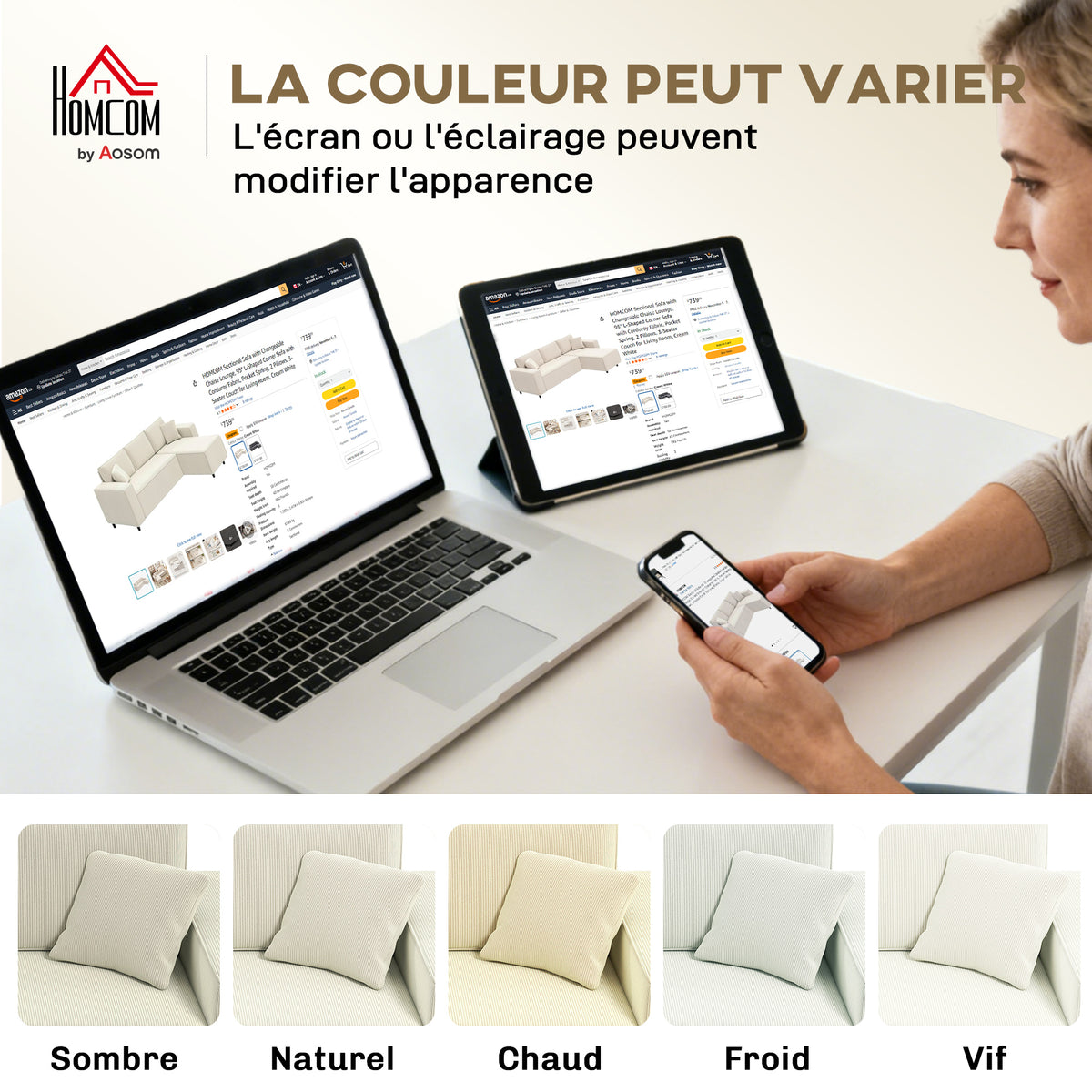 Canapé d'angle réversible 3 places avec coussins inclus, tissu velours côtelé, crème