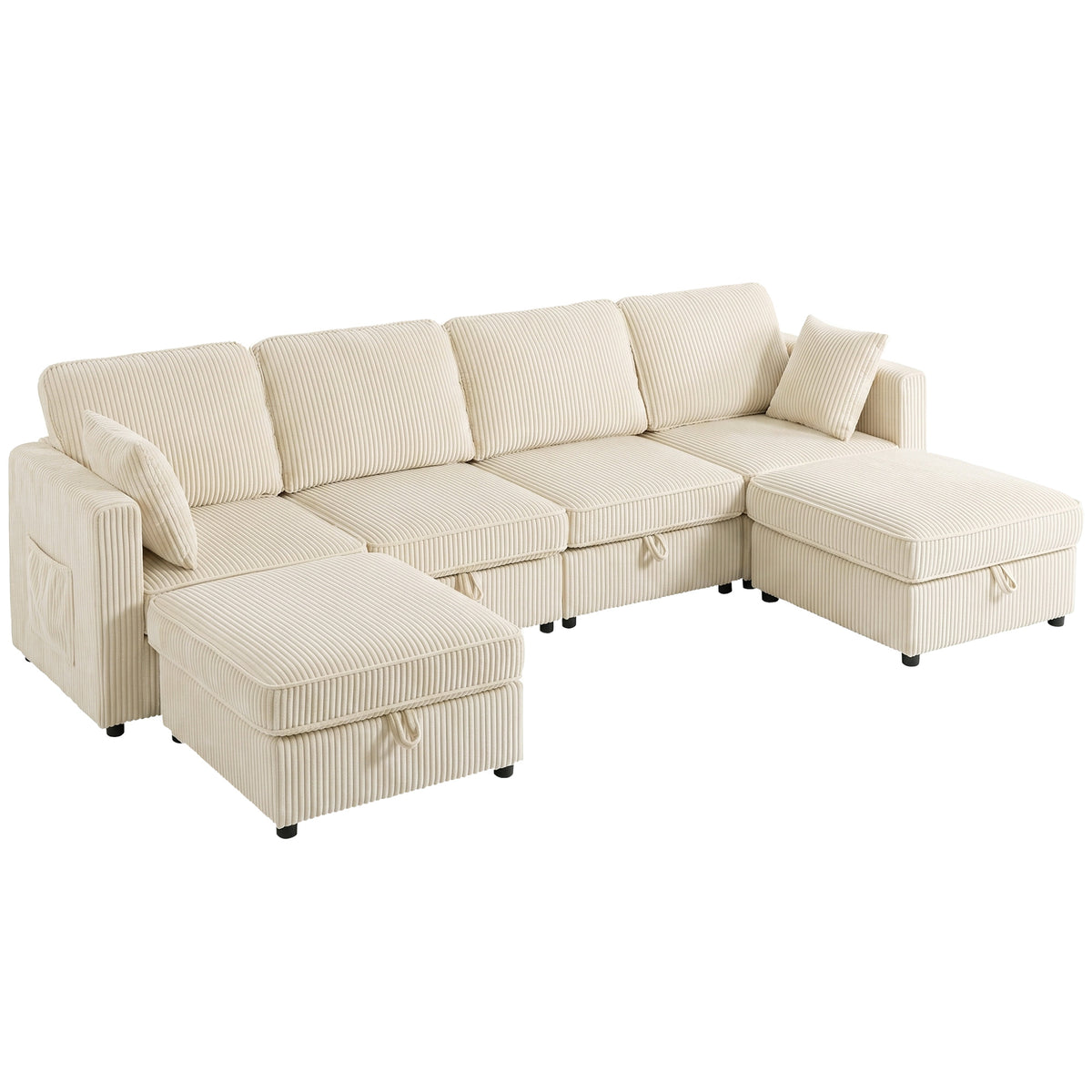 Canapé 4 Places avec 2 Poufs de Rangement, Modulable en U 306 cm en Velours, 4 Coussins, Crème