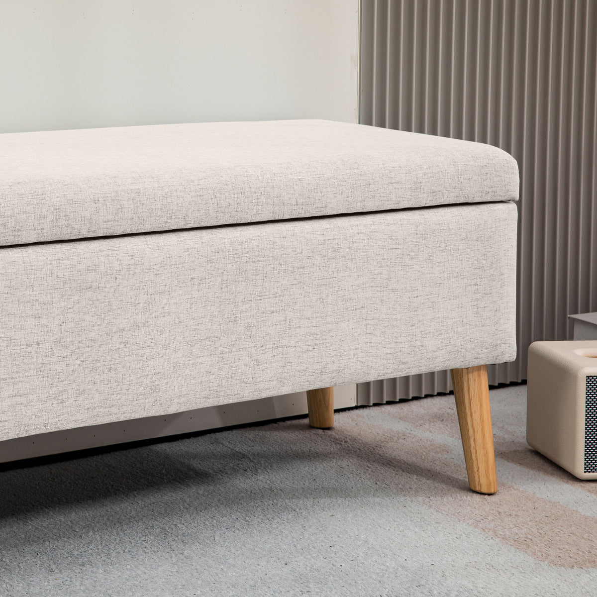 Banc/ coffre rangement rembourré aspect lin, charge 220 Kg, 110 x 39 x 45 cm, beige