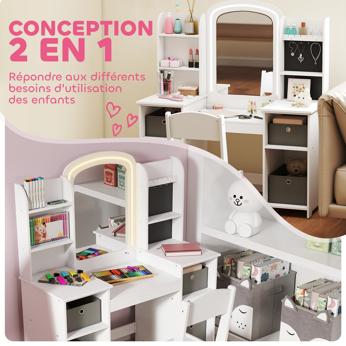 Coiffeuse pour enfants avec tabouret, miroir LED, table de maquillage 104 x 40 x 112 cm, blanc