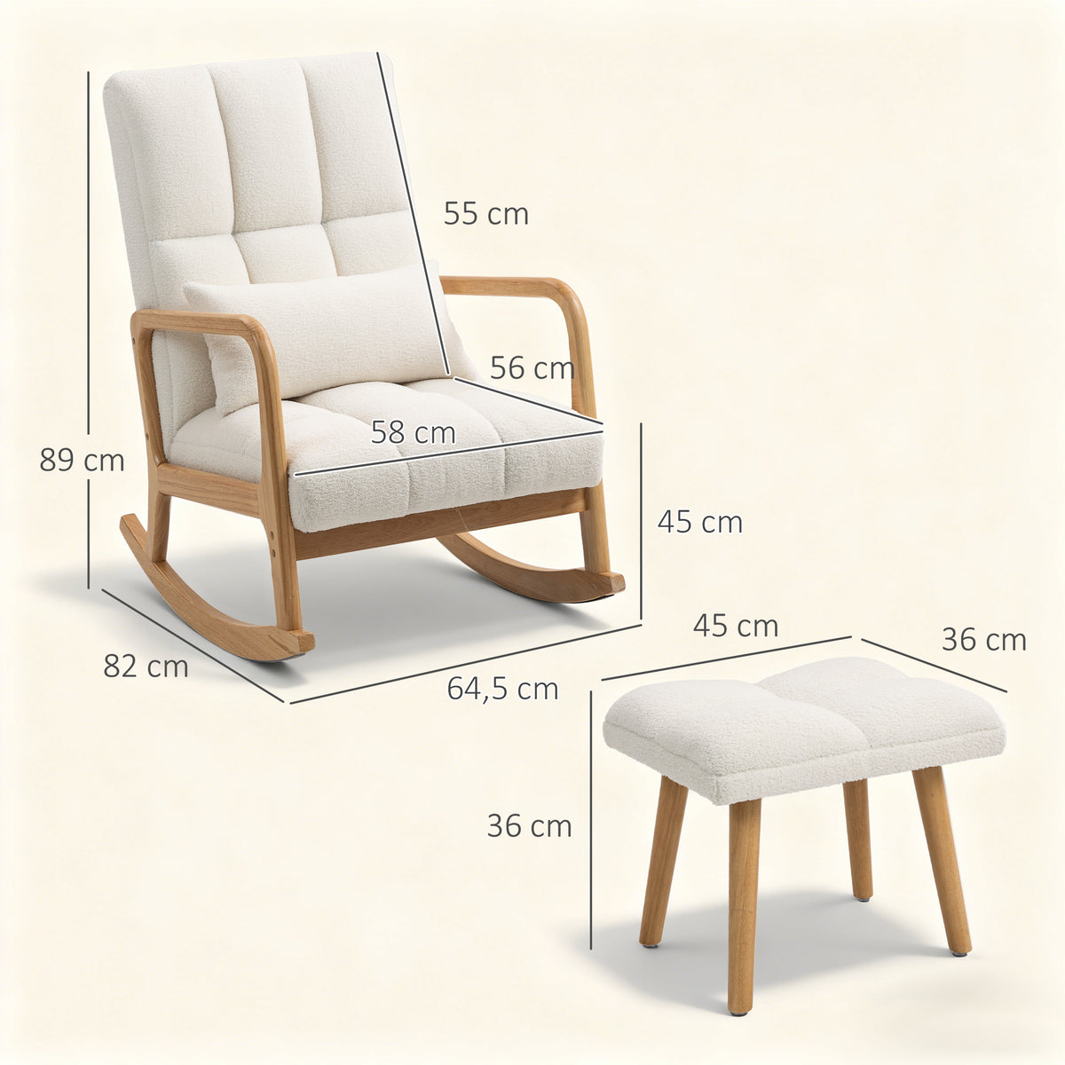 Fauteuil à bascule avec repose-pieds, en tissu, pieds en bois, 64,5 x 82 x 89 cm, blanc