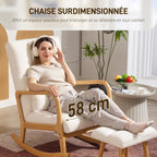 Fauteuil à bascule avec repose-pieds, en tissu, pieds en bois, 64,5 x 82 x 89 cm, blanc