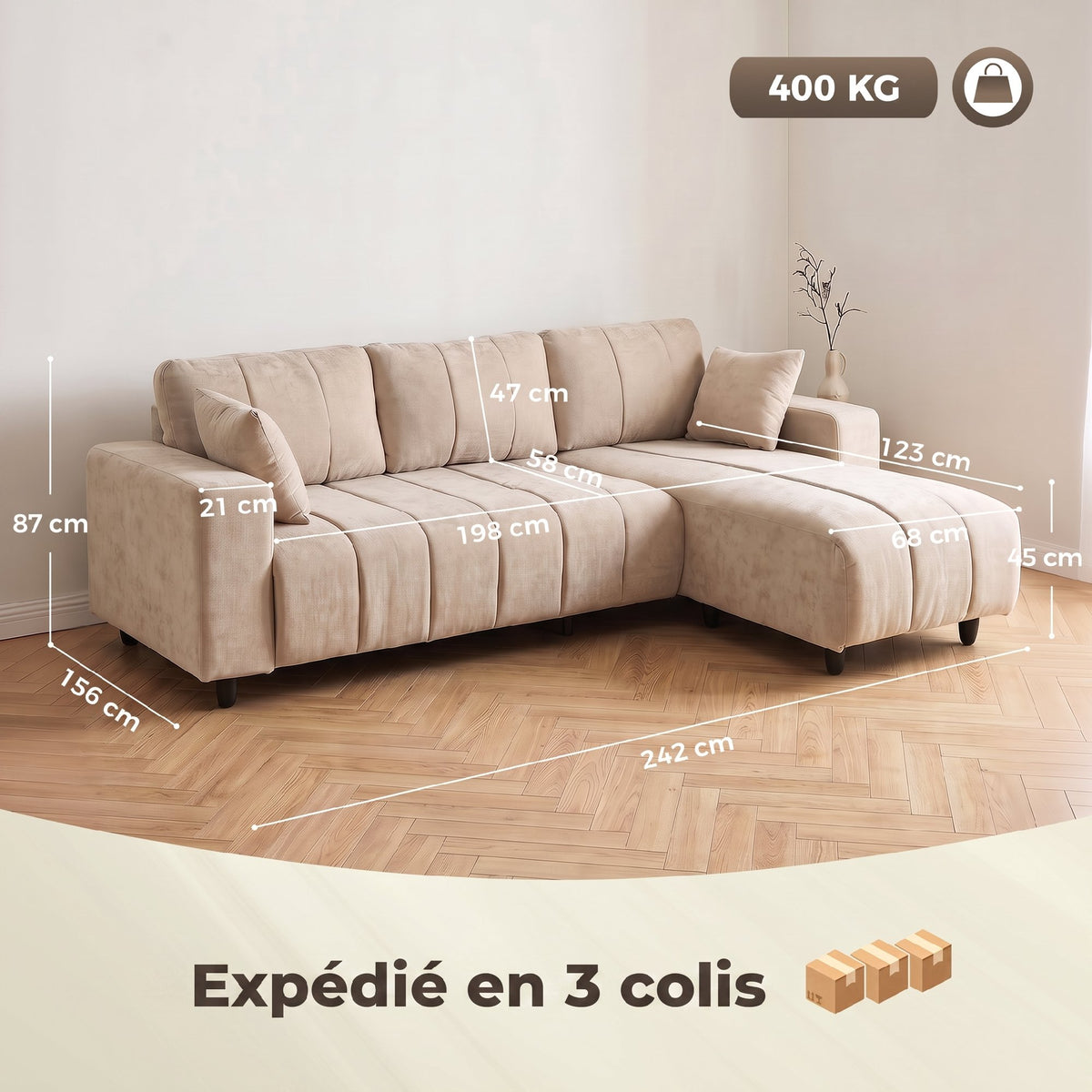 Canapé d'Angle Modulable 242 cm, 4 Places en L, 2 Oreillers, Tissu Aspect Lin, Beige
