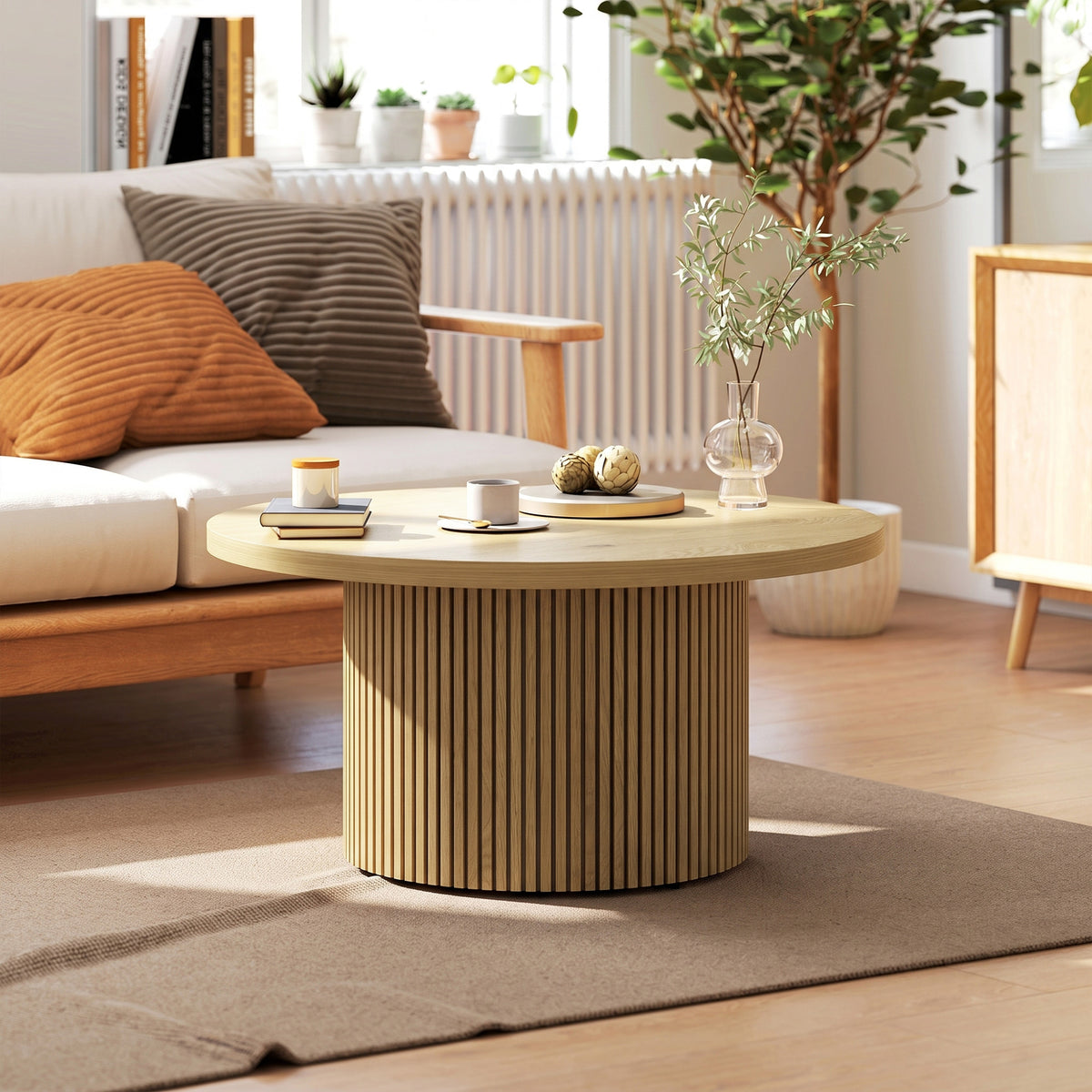 Table basse ronde en bois, effet bois naturel