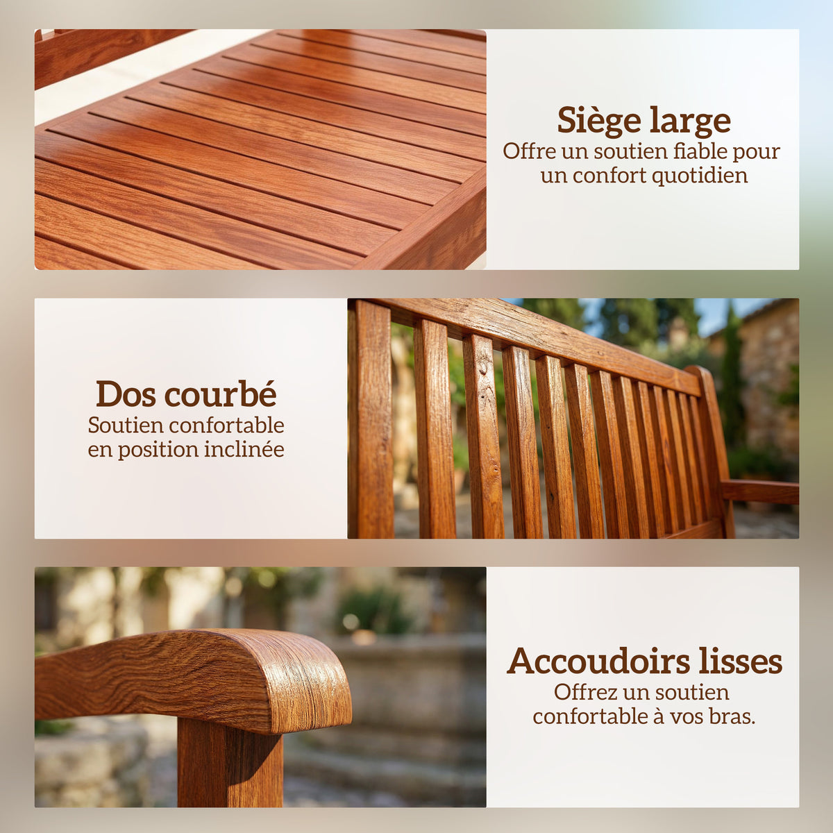 Banc de Jardin 2 Places avec Housse Imperméable et Dossier Ergonomique, Bois Marron Clair