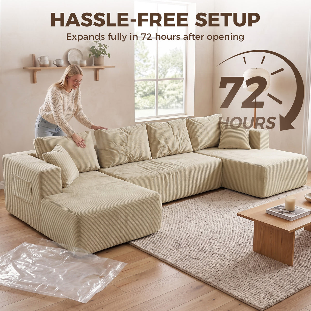 Canapé Modulaire en U Compressé 337 cm, 4 places en Velours Côtelé, Crème