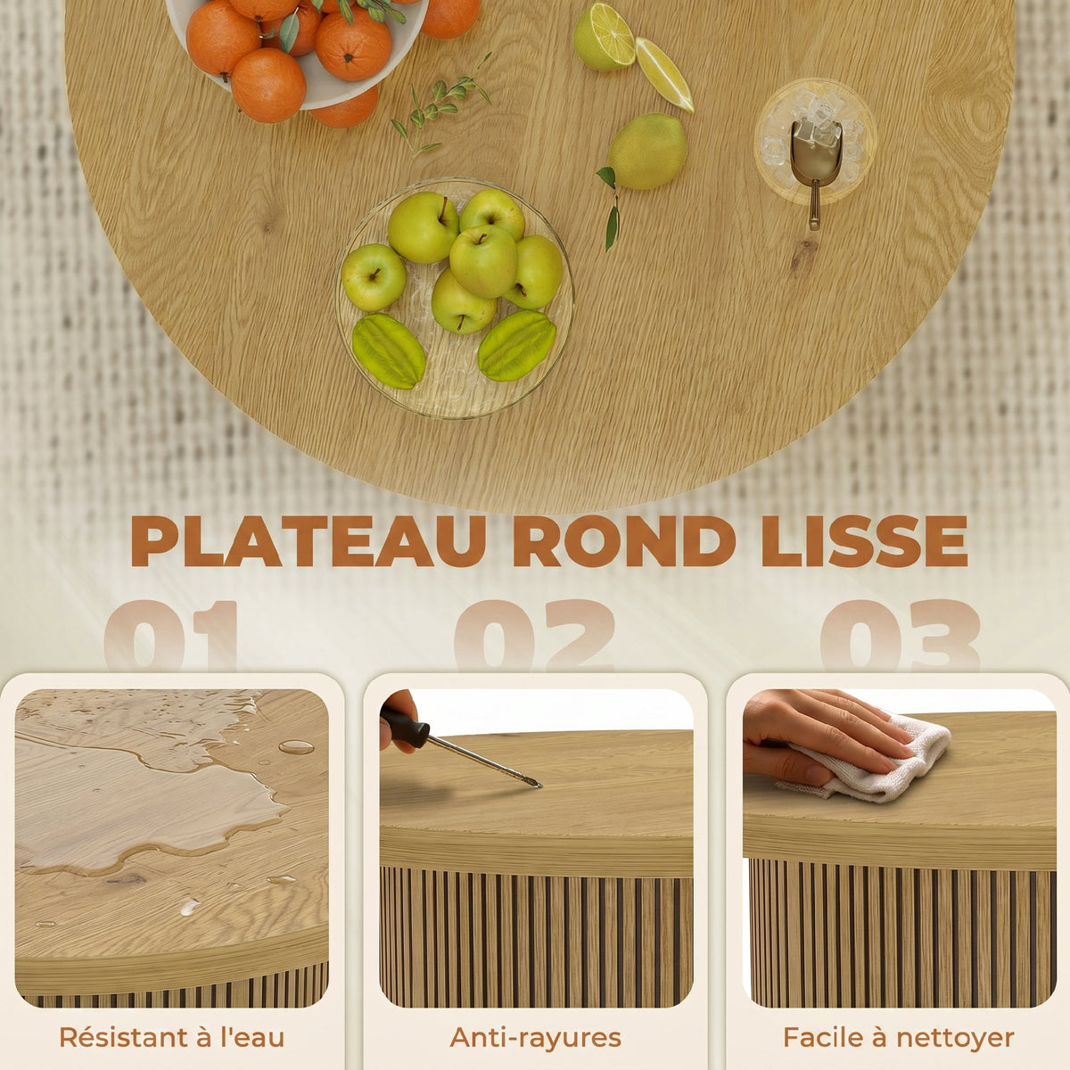 Table basse ronde en bois, effet bois naturel