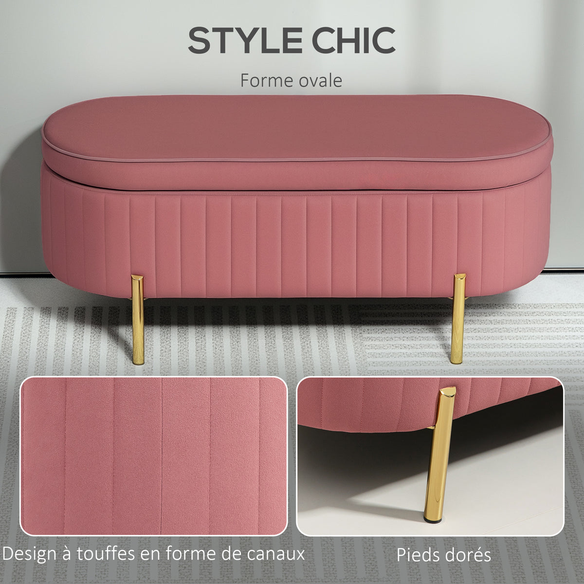 Banc de rangement, bout de lit en velours, pieds en métal,72 L, 108x44x43,5cm, rose