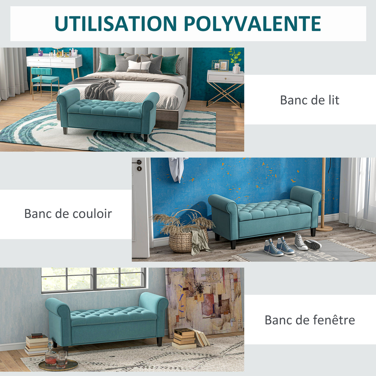 Banc de rangement bout de lit avec accoudoirs, tissu velours rembourré, 126 x 48,5 x 57 cm, vert