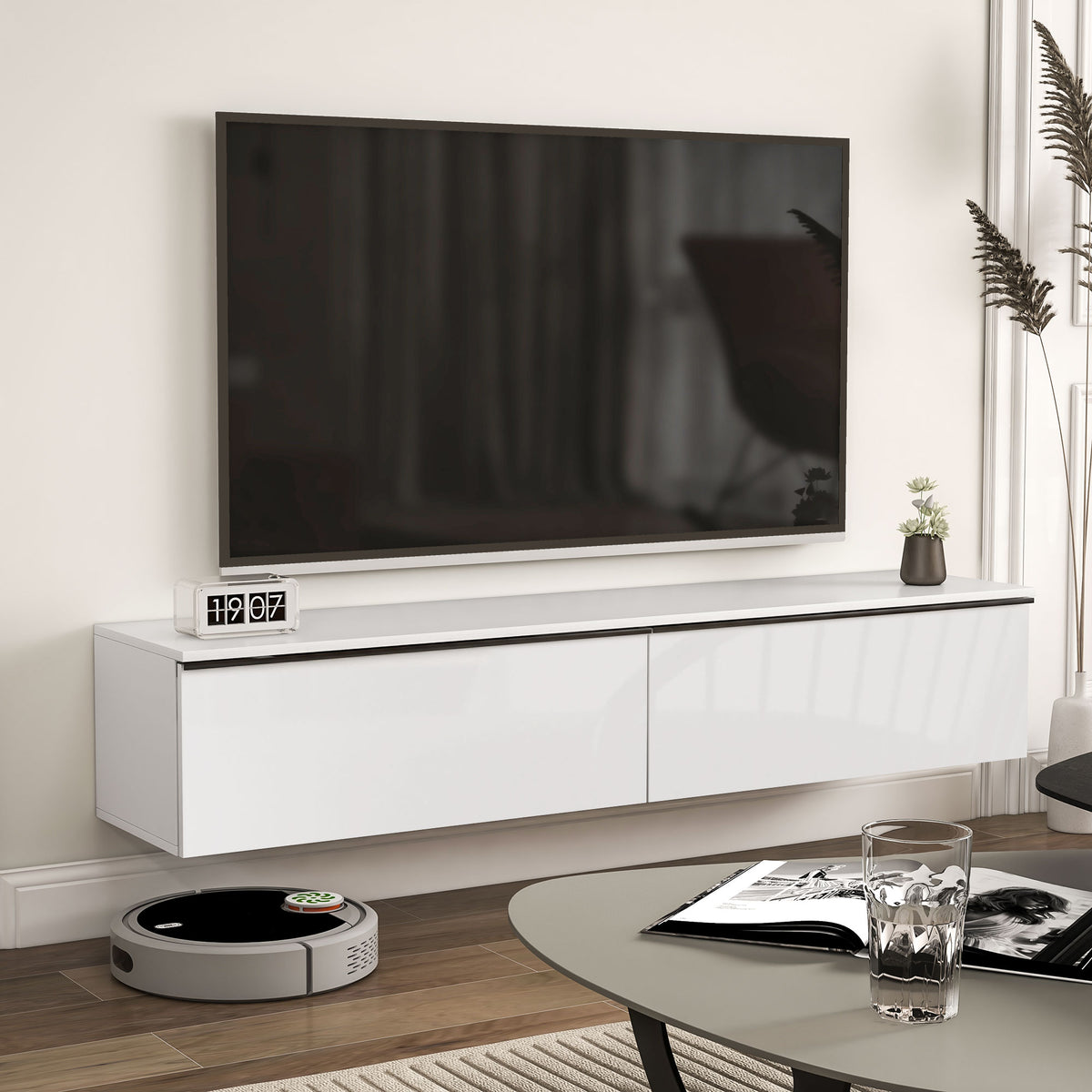 Meuble TV suspendu avec placard, jusqu'à 70 pouces, blanc