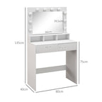 Coiffeuse avec miroir, tiroirs, 3 modes d'éclairage, 10 ampoules, 80 x 40 x 135 cm, blanc