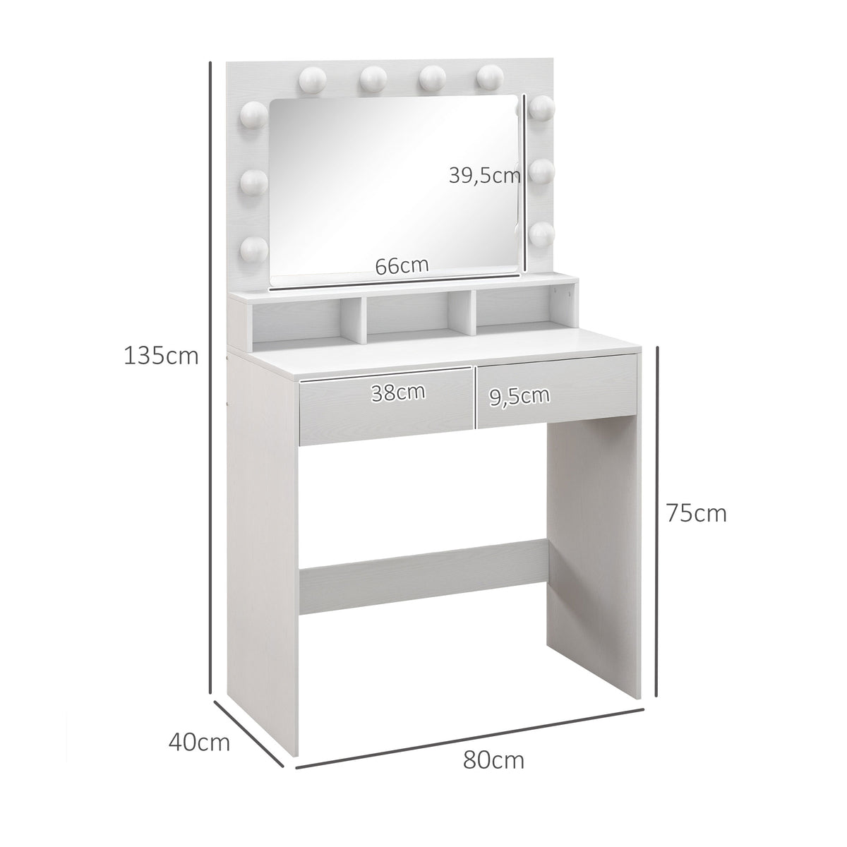 Coiffeuse avec miroir, tiroirs, 3 modes d'éclairage, 10 ampoules, 80 x 40 x 135 cm, blanc