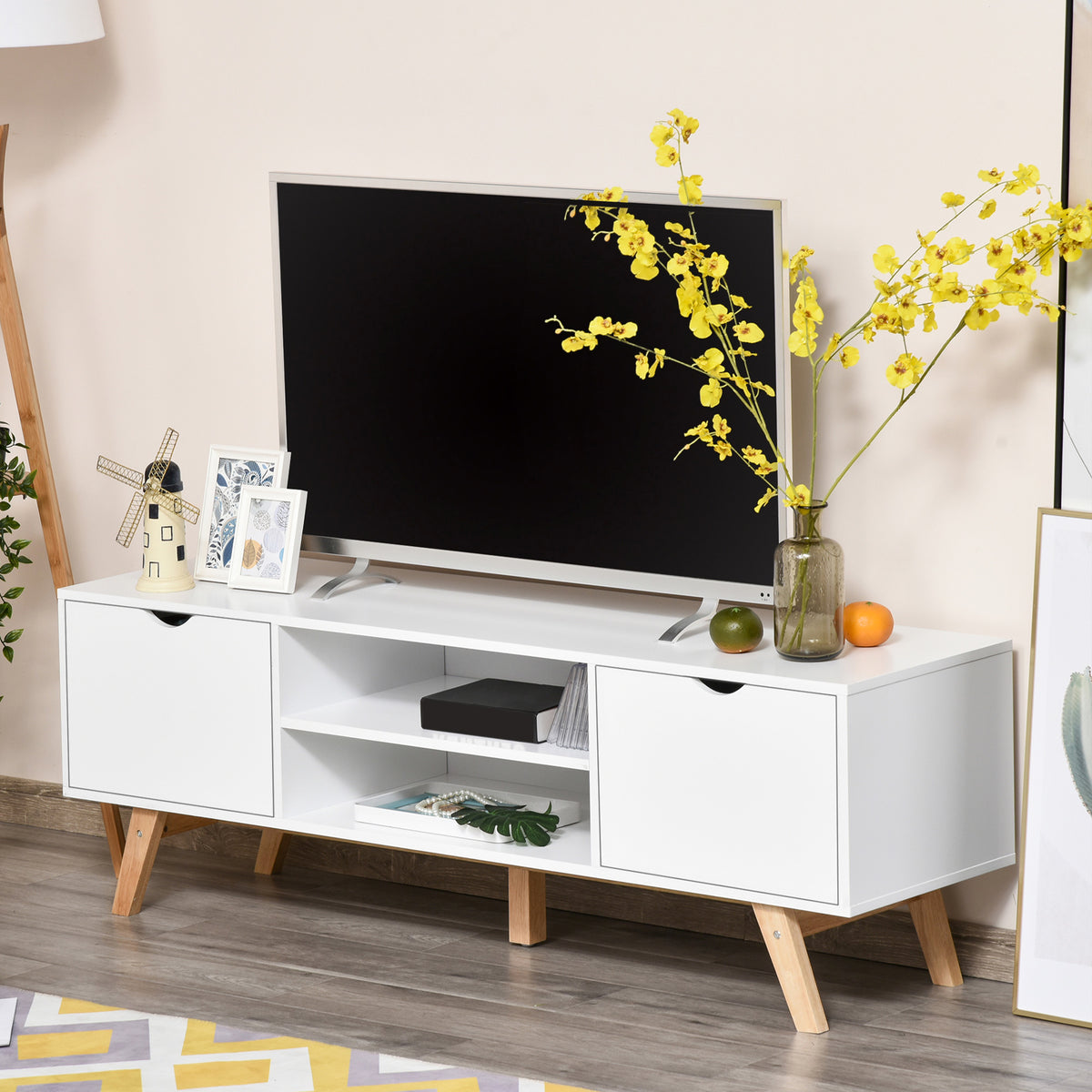 Meuble TV, sur Pied, 2 Portes 2 niches en Bois Blanc 150L x 39l x 50H cm