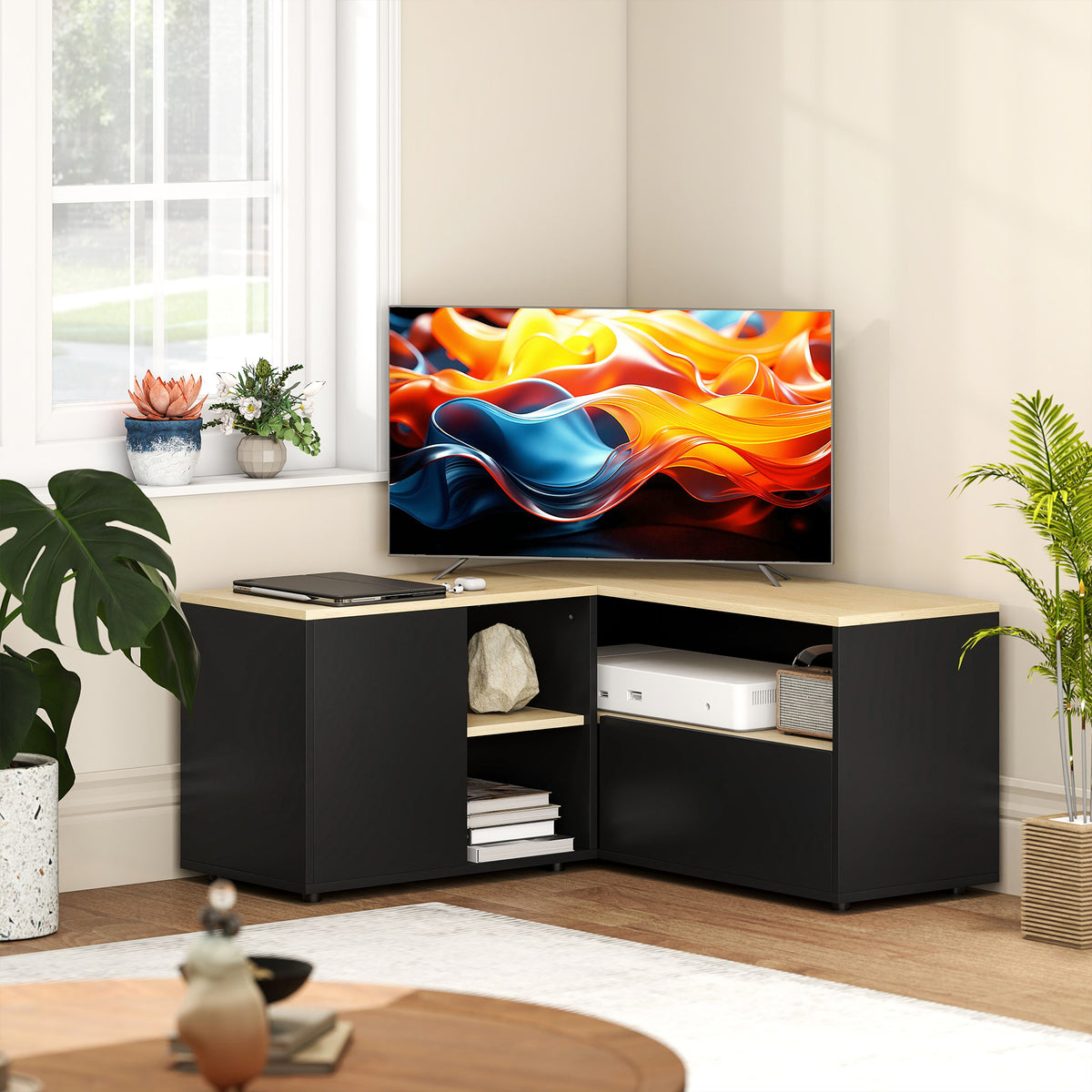 Meuble TV d'angle, 40 pouces avec 2 placards et 3 niches 90 x 90 x 45 cm, en chêne et noir