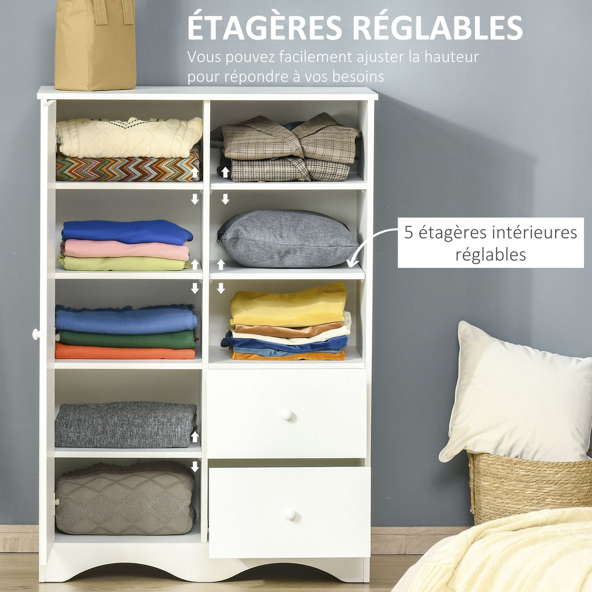 Armoire avec Porte et 5 étagères, 3 niches, 2 tiroirs, blanc