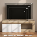 Meuble TV 2 portes jusqu'à 60 pouces, placard et étagère ouverte, effet bois naturel