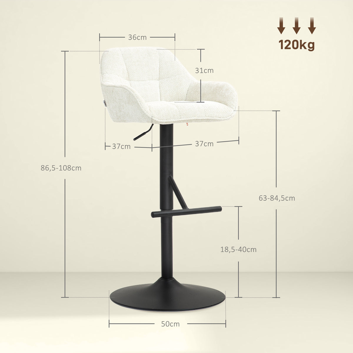 Lot de 2 tabourets de bar, tissu effet lin et base en acier 52,5 x 53 x 86,5-108 cm crème