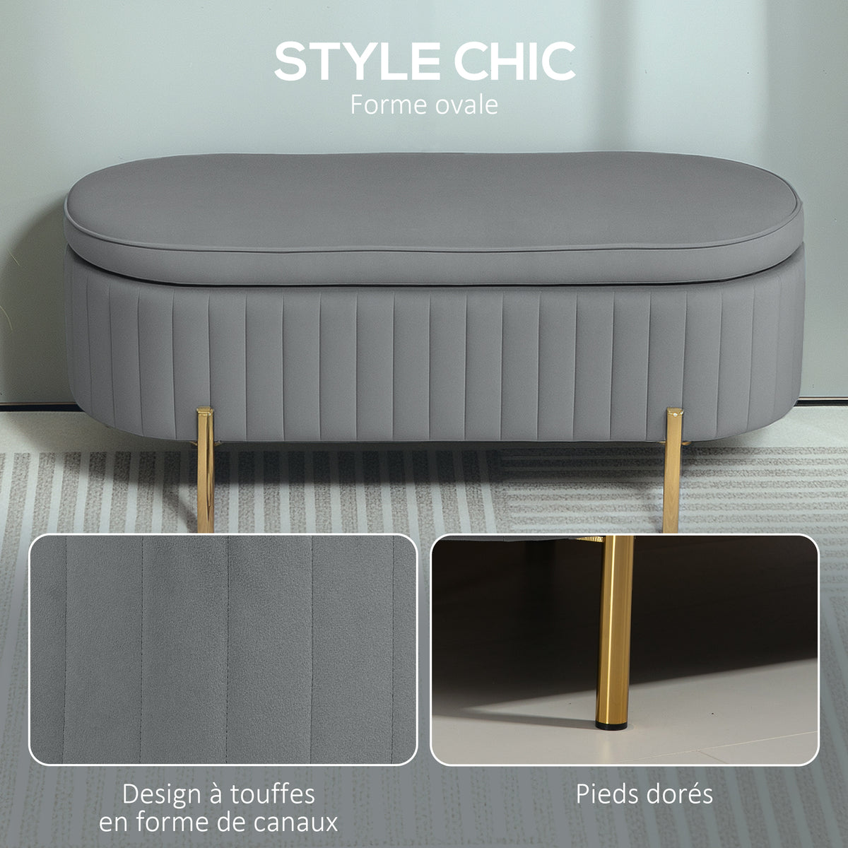 Banc de rangement, bout de lit en velours, pieds en métal, 72 L, 108x44x43,5cm, gris