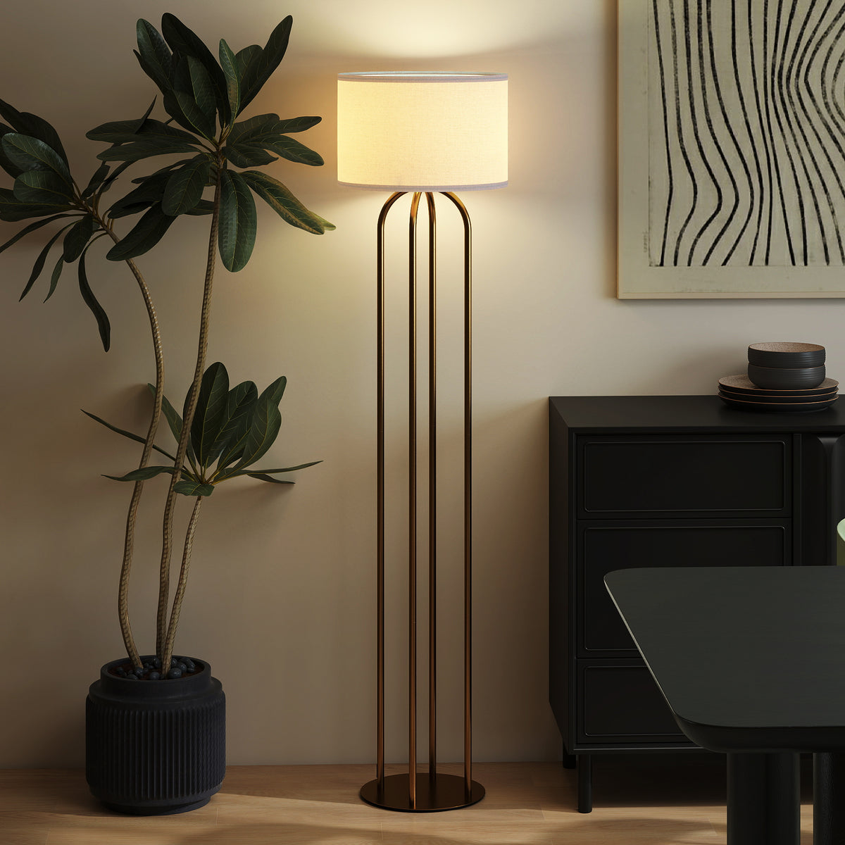 Lampadaire / lampe sur pied avec abat-jour en lin et interrupteur à pied, Ø 38 x 161 cm, doré et beige