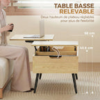 Table basse relevable avec double plateau,compartiment caché et pieds en métal, bois naturel
