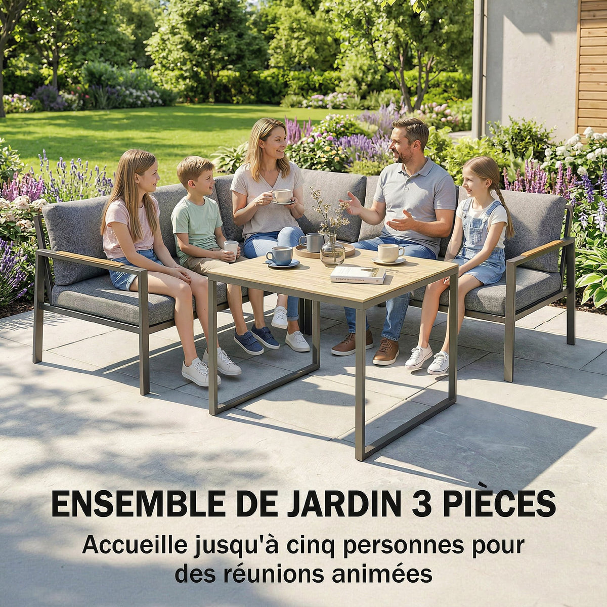 Salon de Jardin 3 Pièces, 2 Canapés avec Coussins Épais, 1 Table Basse, 183x183x72cm, Gris Foncé