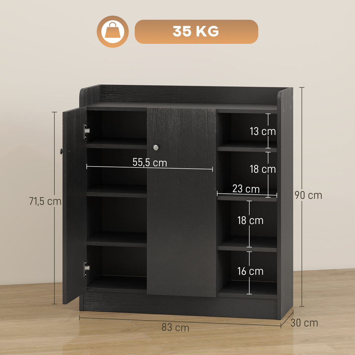 Meuble de rangement à chaussures 12 paires - 4 compartiments ouverts - noir