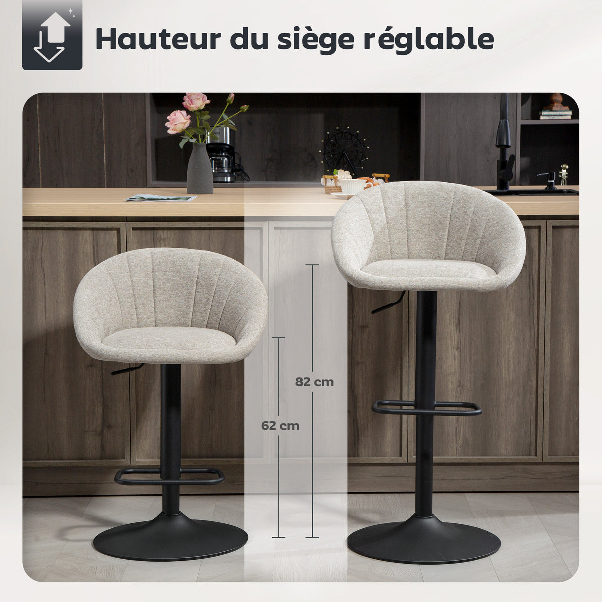 Lot de 2 tabourets de bar, repose-pieds, beige