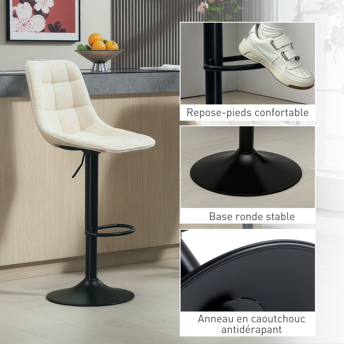 Lot de 2 tabourets de bar, dossier pivotant 360° 47x48x117,5cm beige