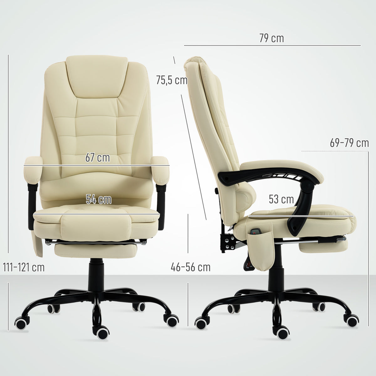 Fauteuil de bureau massant, dossier inclinable et télécommande filaire, beige